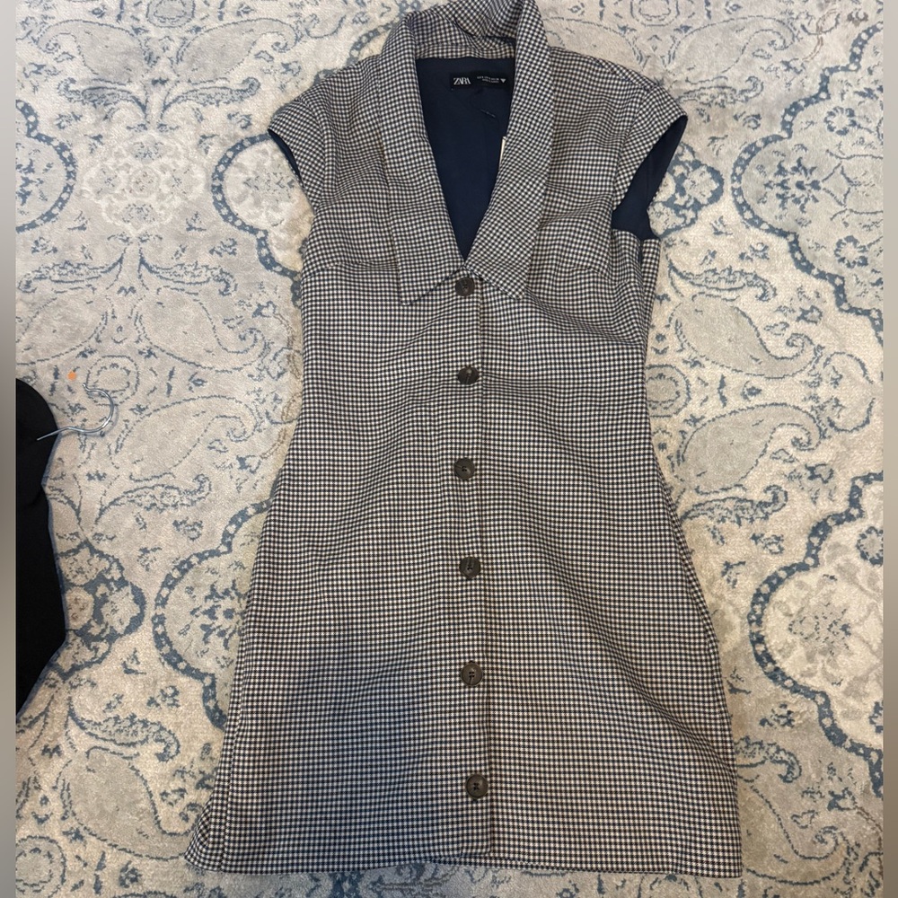 Zara Brown and Navy  Houndstooth Mini Dress NWT